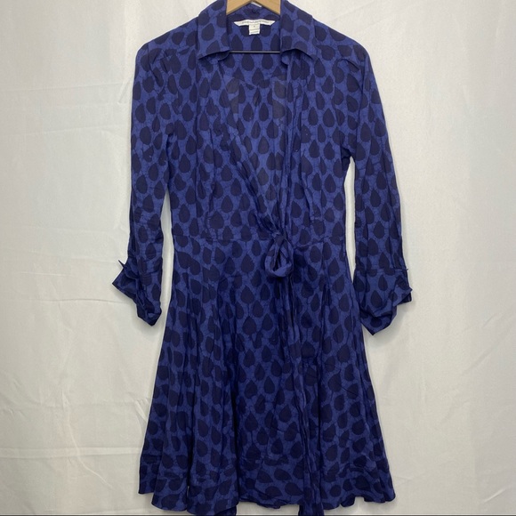 Diane Von Furstenberg Navy Blue Full Wrap Printed Midi Casual Dress 6 Small - Picture 2 of 12